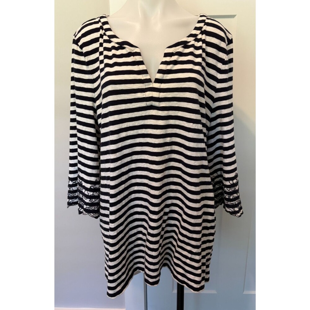 TALBOTS Womens Knit TOP 3/4 Sleeve BLUE White STRIPE Embroidered Sleeve Size 2X